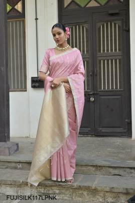 All Over Fine Zari Pure Soft Tussar Silk Saree in Light Pink