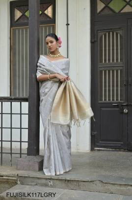 All Over Fine Zari Pure Soft Tussar Silk Saree in Light Grey