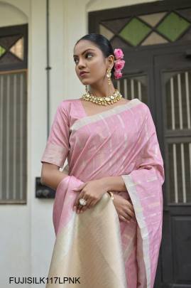 All Over Fine Zari Pure Soft Tussar Silk Saree in Light Pink