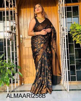 Amazing Black Soft Banarasi Silk Saree With Pretty Blouse Piece