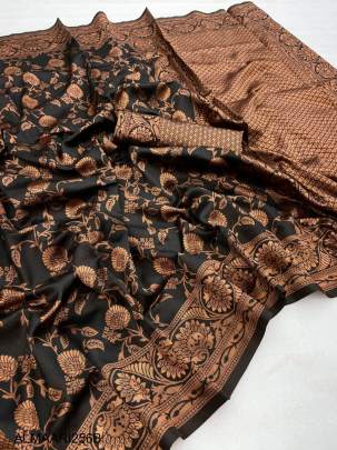 Amazing Black Soft Banarasi Silk Saree With Pretty Blouse Piece