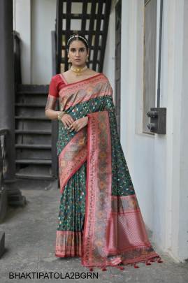 Banarasi Soft Silk Patola Saree in Bottle Green