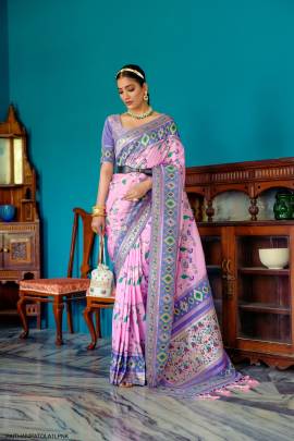 Banarasi Soft Silk Patola Saree with Meena & Zari Pattern in Light Pink