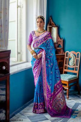 Banarasi Soft Silk Patola Saree with Meena   Zari Pattern in Blue