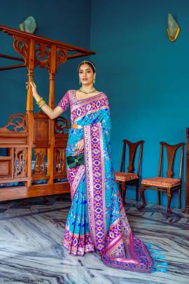 Banarasi Soft Silk Patola Saree with Meena   Zari Pattern in Tifany Blue