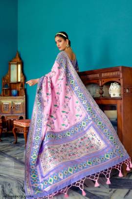 Banarasi Soft Silk Patola Saree with Meena & Zari Pattern in Light Pink