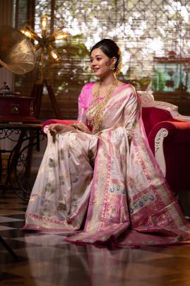 Banarasi Soft Silk Saree with All Over Colorful Meena Pattern in Light Pink