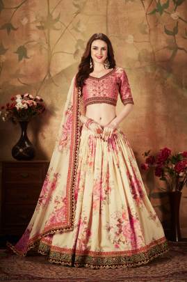 Beige and Peach Organza Lehenga Choli From Floral Vol 1 by Zeel Clothing