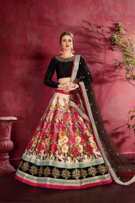 Black Cream Heavy Banglori Silk Lehenga Choli From Carnations by Zeel Clothing