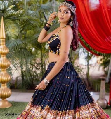 Black Featuring Printed Lehenga Choli In Heavy Butter Silk