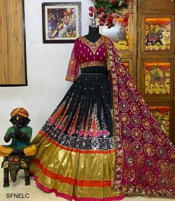 Black Navratri Embroidered Lehenga Choli In Heavy Muslin Cotton