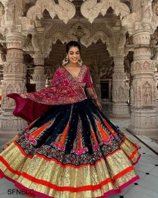 Black Navratri Embroidered Lehenga Choli In Heavy Muslin Cotton