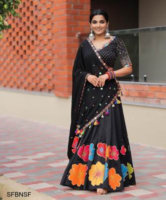 Black Navratri Special Fully Stiched Digital Printed  Lehenga With Mirror Work
