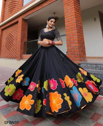 Black Navratri Special Fully Stiched Digital Printed  Lehenga With Mirror Work