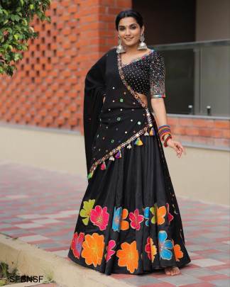 Black Navratri Special Fully Stiched Digital Printed  Lehenga With Mirror Work