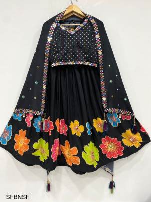 Black Navratri Special Fully Stiched Digital Printed  Lehenga With Mirror Work