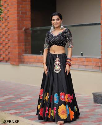 Black Navratri Special Fully Stiched Digital Printed  Lehenga With Mirror Work