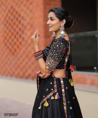 Black Navratri Special Fully Stiched Digital Printed  Lehenga With Mirror Work