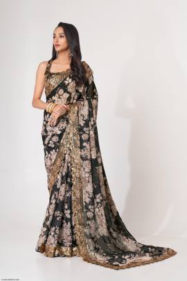 Black Organza Floral Sarees Vol 1 by Zeel Clothing