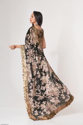 Black Organza Floral Sarees Vol 1 by Zeel Clothing