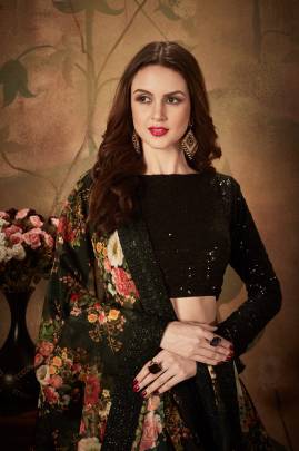 Black Organza Lehenga Choli From Floral Vol 1 by Zeel Clothing