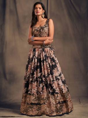 Black Organza Lehenga Choli From Floral Vol 2 by Zeel Clothing