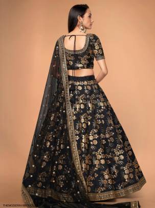 Black Slub Silk Lehenga Choli From The Modern Vibes Vol 2 by Zeel Clothing