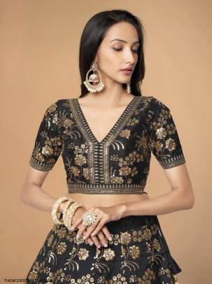 Black Slub Silk Lehenga Choli From The Modern Vibes Vol 2 by Zeel Clothing