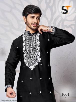 Black Traditional Work Kurta For Men