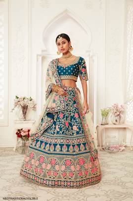 Blue Slub Silk Lehenga Choli From Neo Traditional Vol 2 by Zeel Clothing