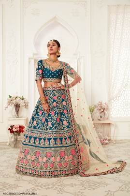 Blue Slub Silk Lehenga Choli From Neo Traditional Vol 2 by Zeel Clothing