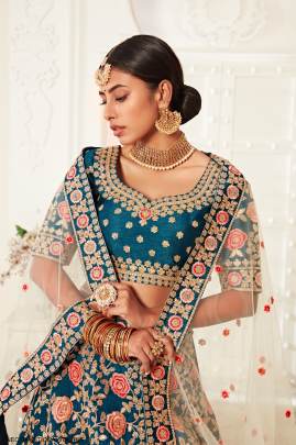 Blue Slub Silk Lehenga Choli From Neo Traditional Vol 2 by Zeel Clothing