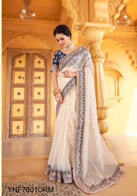  Cream Georgette Embroidery Saree  YNF7601