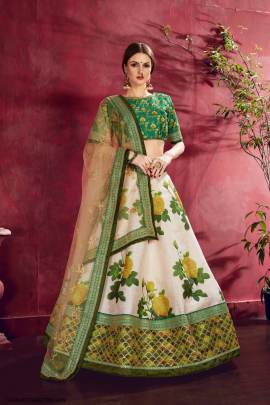 Cream Green Heavy Banglori Silk Lehenga Choli From Carnations by Zeel Clothing