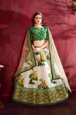 Cream Green Heavy Banglori Silk Lehenga Choli From Carnations by Zeel Clothing