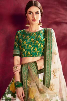 Cream Green Heavy Banglori Silk Lehenga Choli From Carnations by Zeel Clothing