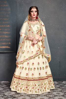 Cream Slub Silk Lehenga Choli From Roohbab by Zeel Clothing 