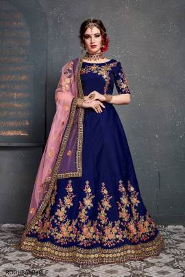 Dark Blue Taffeta Satin Silk Lehenga Choli From Roohbab by Zeel Clothing 