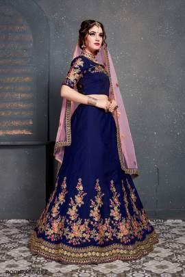 Dark Blue Taffeta Satin Silk Lehenga Choli From Roohbab by Zeel Clothing