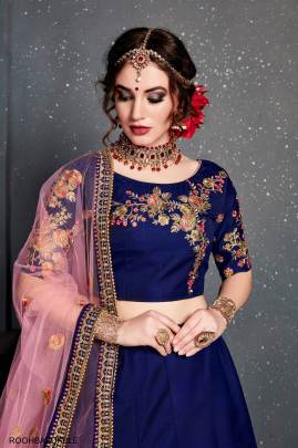 Dark Blue Taffeta Satin Silk Lehenga Choli From Roohbab by Zeel Clothing