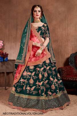 Dark Green Mulberry Silk Lehenga Choli Neo Traditional Vol 1 by Zeel Clothing