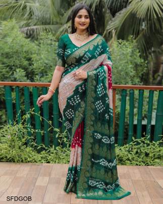 Dark Green Original Bandhej with Zari Weaving Border With Zari Weaving Rich Pallu 