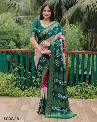 Dark Green Original Bandhej with Zari Weaving Border With Zari Weaving Rich Pallu