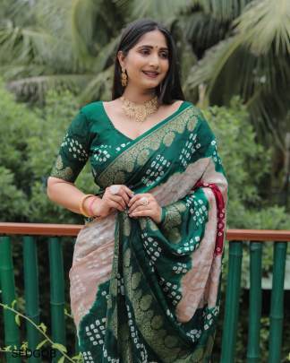 Dark Green Original Bandhej with Zari Weaving Border With Zari Weaving Rich Pallu