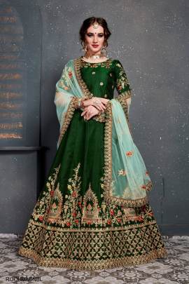 Dark Green Taffeta Satin Silk Lehenga Choli From Roohbab by Zeel Clothing 