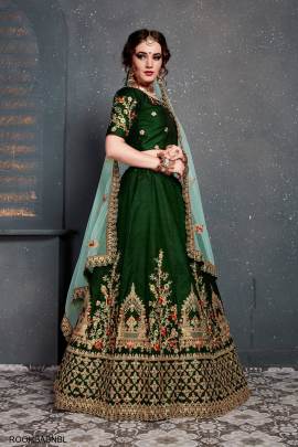 Dark Green Taffeta Satin Silk Lehenga Choli From Roohbab by Zeel Clothing