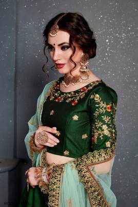 Dark Green Taffeta Satin Silk Lehenga Choli From Roohbab by Zeel Clothing