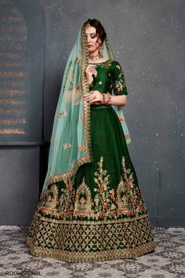 Dark Green Taffeta Satin Silk Lehenga Choli From Roohbab by Zeel Clothing