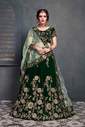 Dark Green Velvet Lehenga Choli From Roohbab by Zeel Clothing 