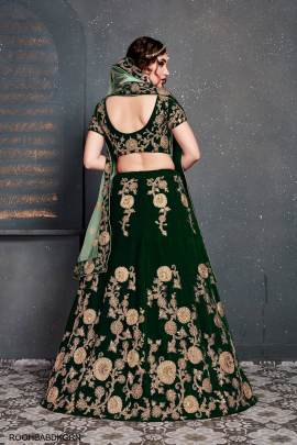 Dark Green Velvet Lehenga Choli From Roohbab by Zeel Clothing